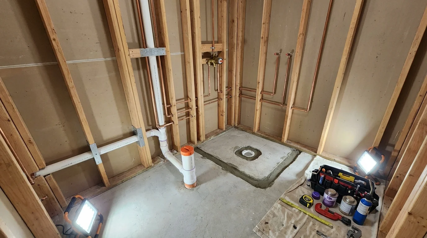Bathroom rough-in plumbing during remodel by Johns Plumbing LLC in Spring Green