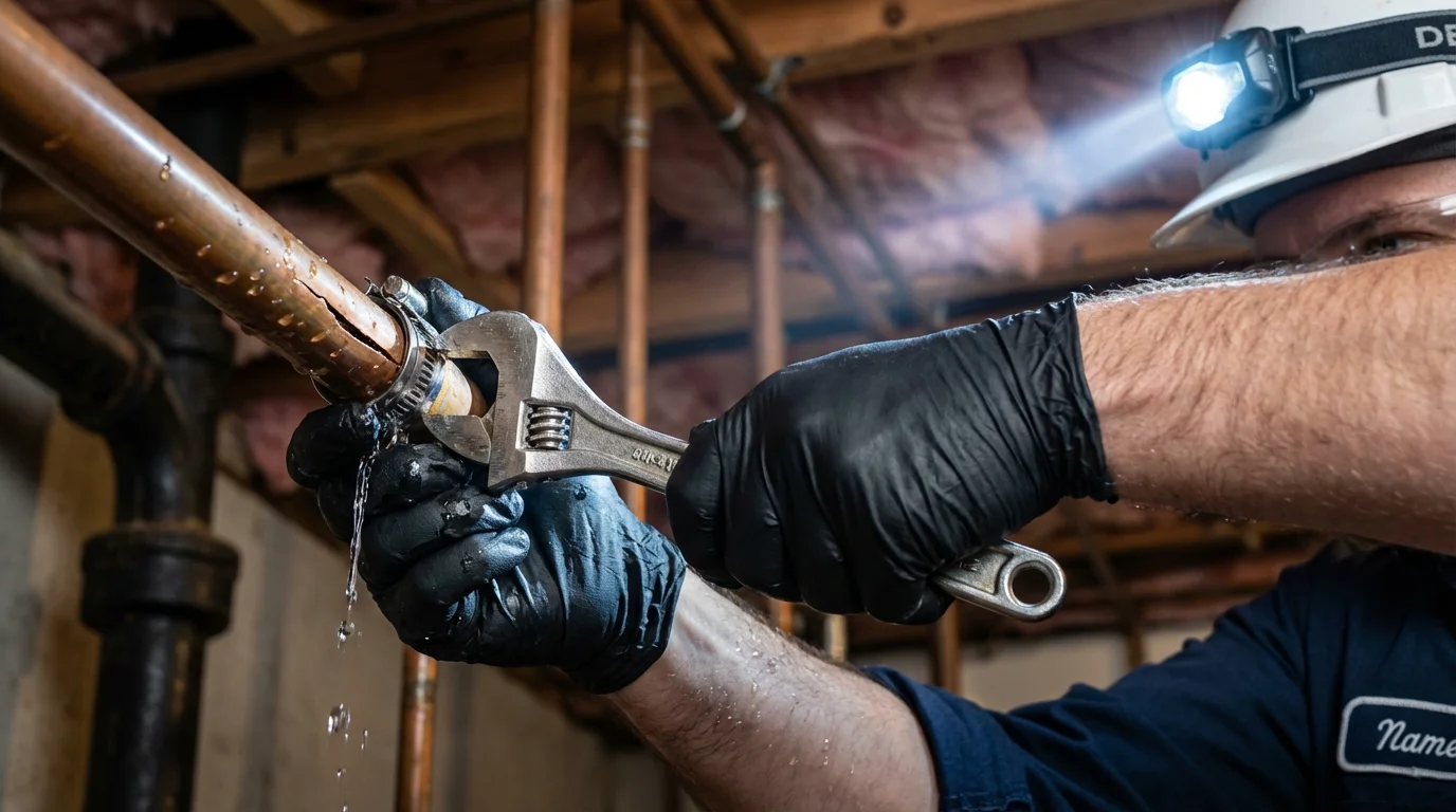 Emergency pipe clamp repair being performed by a Johns Plumbing LLC plumber in Spring Green