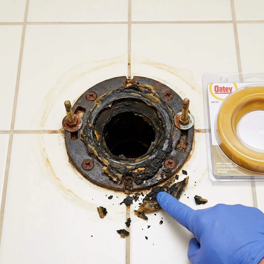 Failed wax ring showing water seepage at the base of a toilet in a Spring Green, WI home