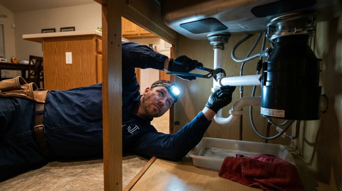 P-trap and supply line connections under a kitchen sink showing a common leak point in Spring Green, WI